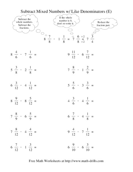 Subtract Mixed Numbers with Like Denominators (E) Worksheet