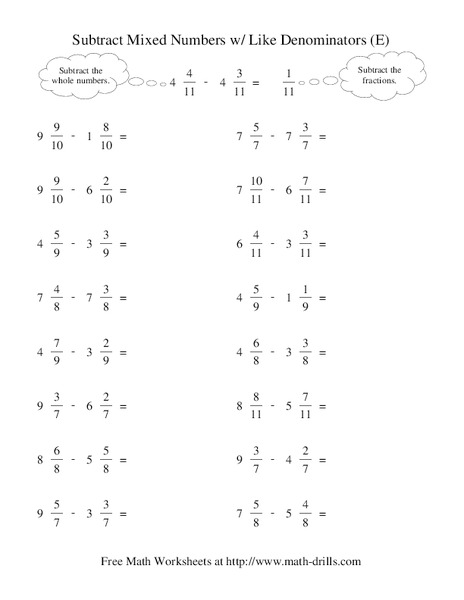 Subtract Mixed Numbers With Like Denominators (E) Worksheet
