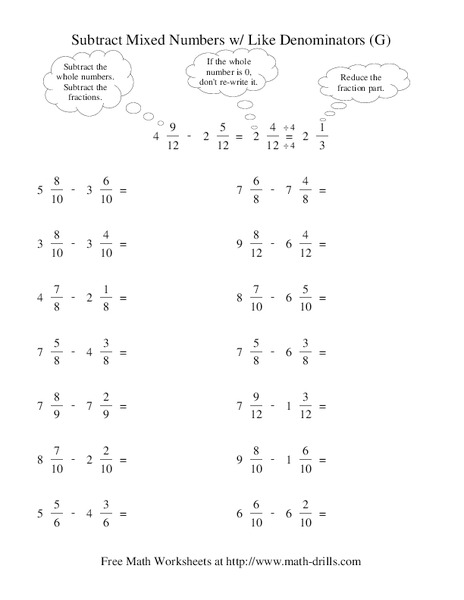 Subtract Mixed Numbers with Like Denominators (G) Worksheet