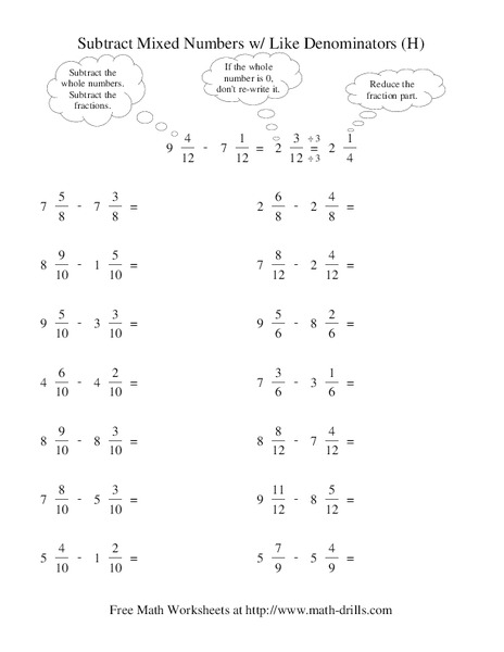 Subtract Mixed Numbers with Like Denominators (H) Worksheet