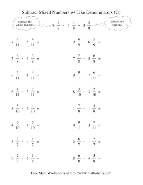Subtract Mixed Numbers With Like Denominators (G) Worksheet