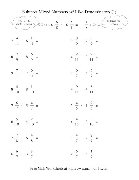 Subtract Mixed Numbers with Like Denominators (I) Worksheet