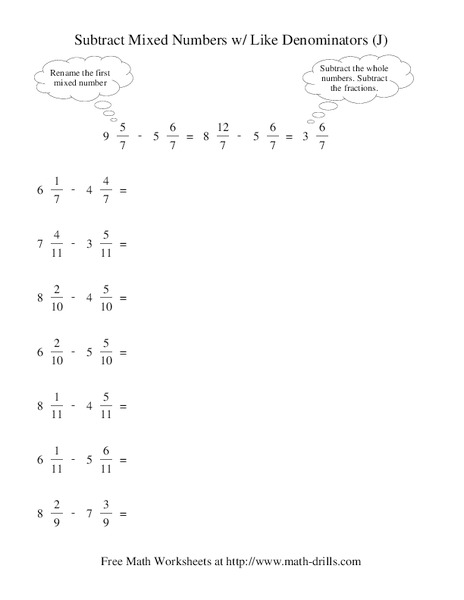 Subtract Mixed Numbers with Like Denominators (J) Worksheet