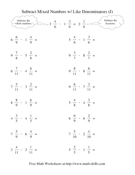 Subtract Mixed Numbers With Like Denominators (J) Worksheet