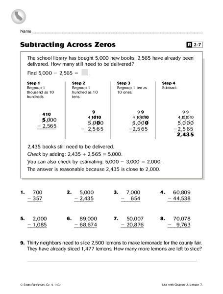 Subtracting Across Zeros Worksheet