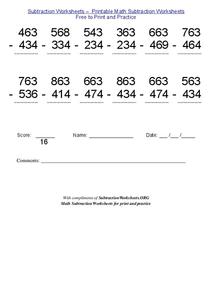 Subtracting 3-Digit Numbers Worksheet