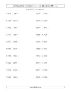 Subtracting Decimals Worksheet