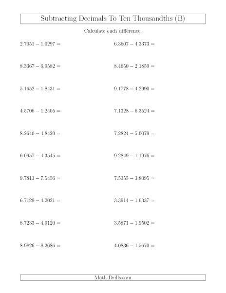 Subtracting Decimals Worksheet