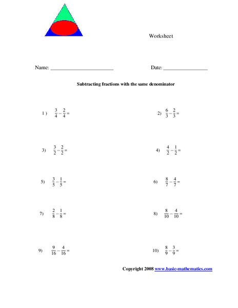 Subtracting Fractions Worksheet