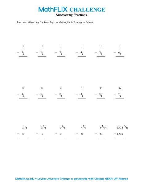 Subtracting Fractions Worksheet
