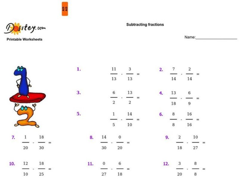 Subtracting Fractions Worksheet