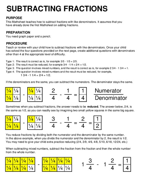 Subtracting Fractions Worksheet