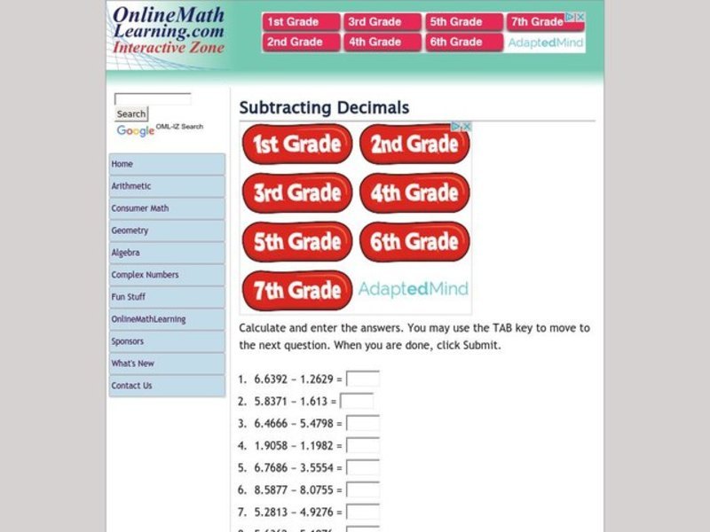 Subtracting Decimals Interactive