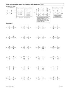 Subtracting Fractions With Unlike Denominators Worksheet