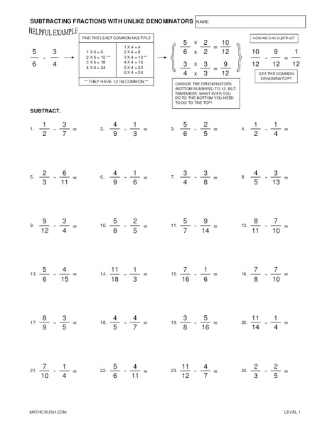 Subtracting Fractions With Unlike Denominators Worksheet