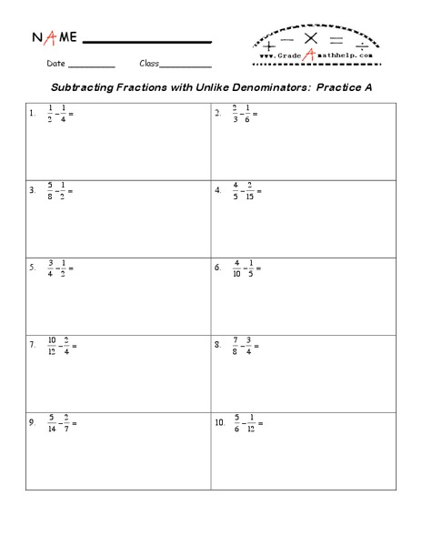 Subtracting Fractions with Unlike Denominators Lesson Plan