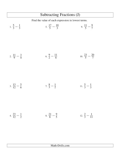 Subtracting Improper Fractions Worksheet