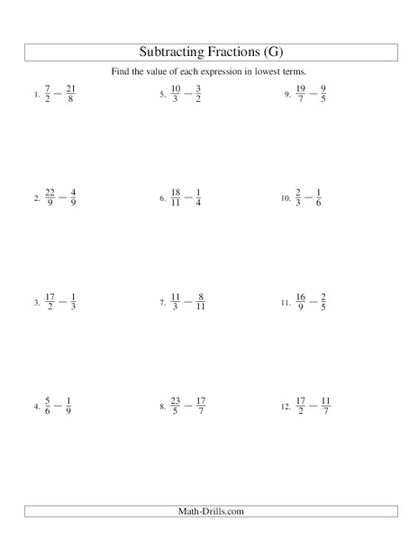 Subtracting Improper Fractions Worksheet