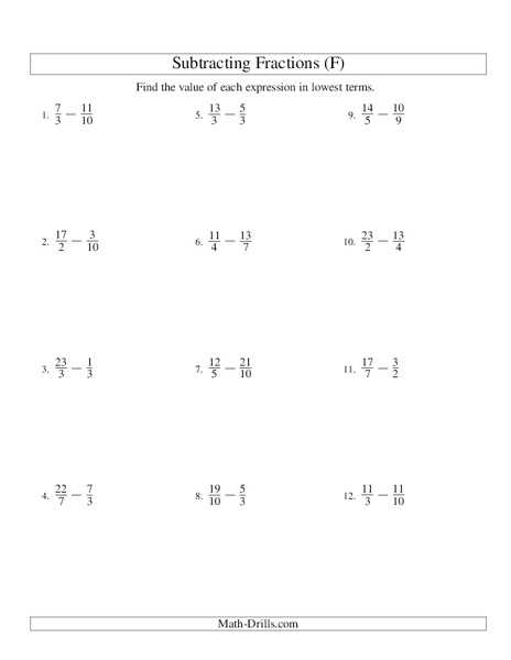 Subtracting Improper Fractions [6] Worksheet