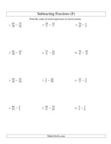 Subtracting Improper Fractions [6] Worksheet