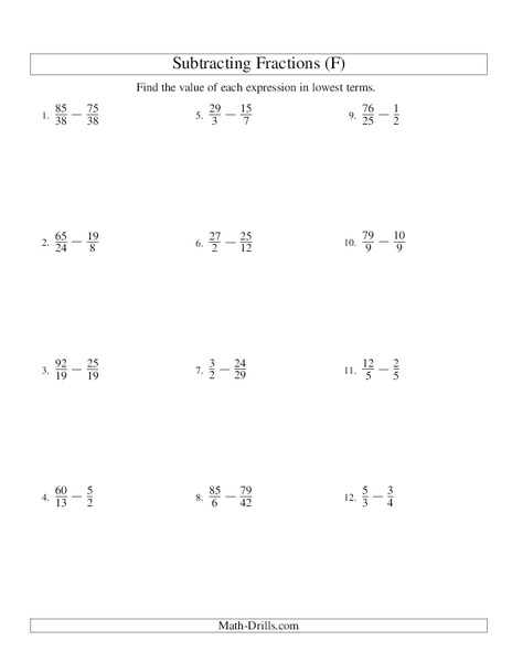 Subtracting Improper Fractions [6] Worksheet