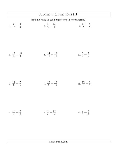 Subtracting Improper Fractions [8] Worksheet