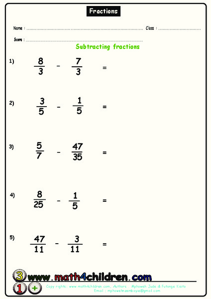 Subtracting Fractions Worksheet