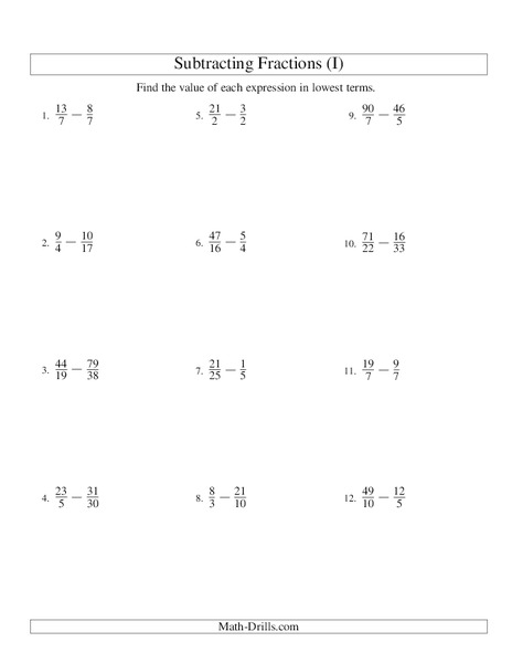 Subtracting Improper Fractions [9] Worksheet