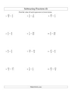 Subtracting Improper Fractions [9] Worksheet