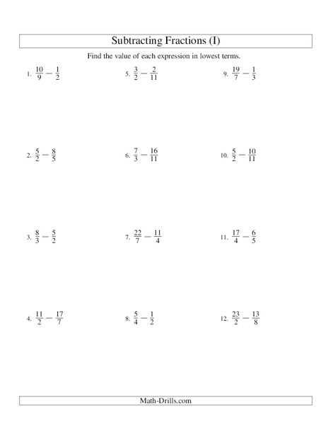 Subtracting Improper Fractions [9] Worksheet