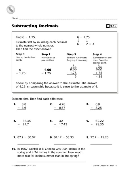Subtracting Decimals Worksheet
