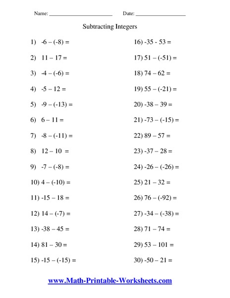 Subtracting Integers Worksheet