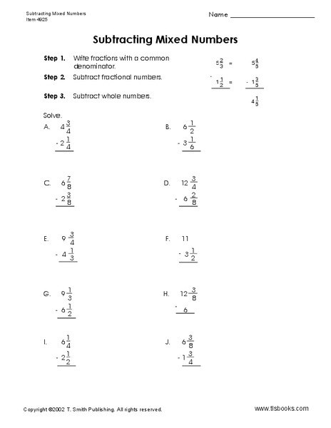 Subtracting Mixed Numbers Worksheet
