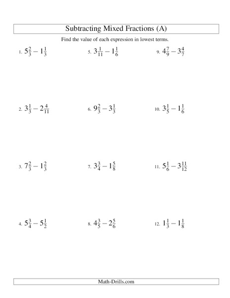 Subtracting Mixed Numbers (1) Worksheet