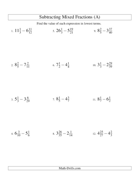 Subtracting Mixed Numbers (1) Worksheet