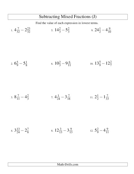 Subtracting Mixed Numbers (10) Worksheet