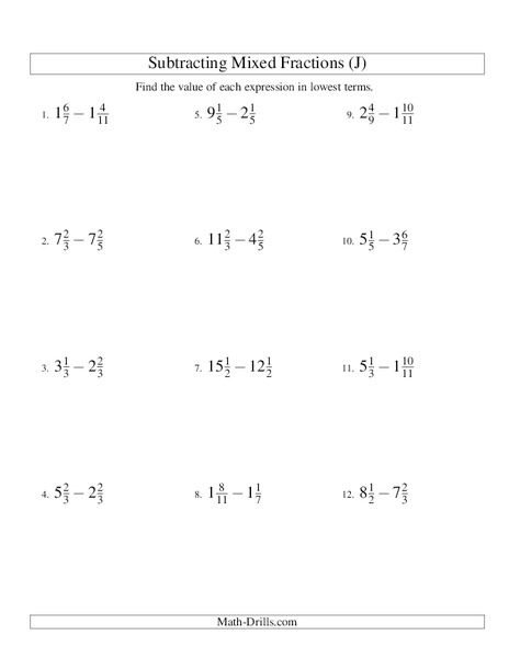 Subtracting Mixed Numbers (10) Worksheet