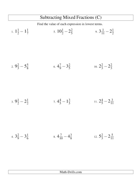 Subtracting Mixed Numbers (3) Worksheet