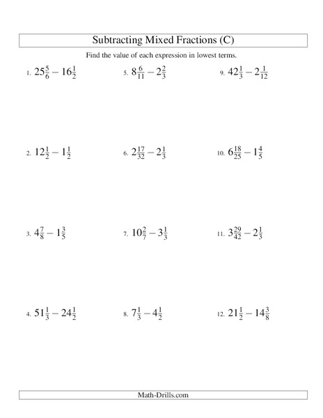 Subtracting Mixed Numbers (3) Worksheet