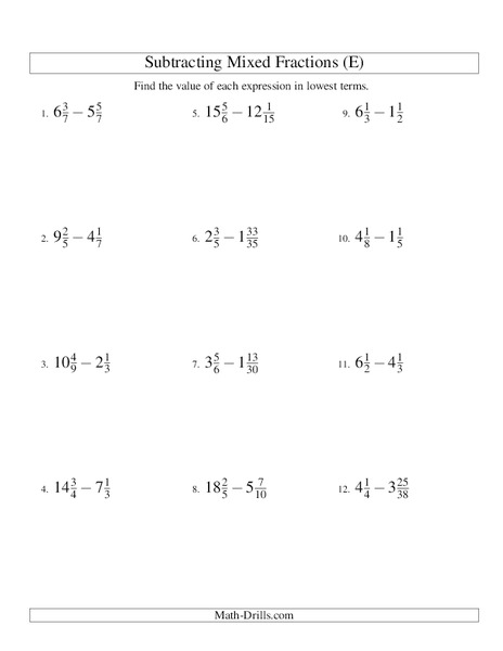 Subtracting Mixed Numbers (5) Worksheet