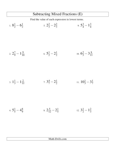 Subtracting Mixed Numbers (5) Worksheet