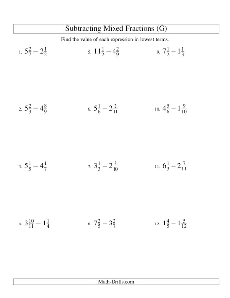 Subtracting Mixed Numbers (7) Worksheet