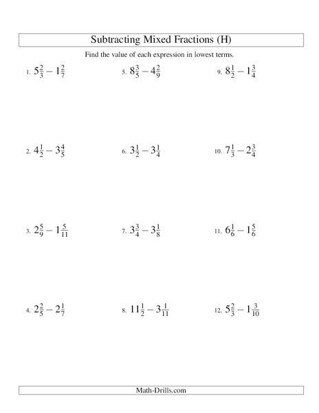 Subtracting Mixed Numbers (8) Worksheet