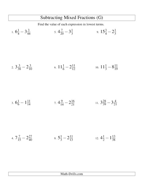 Subtracting Mixed Numbers (7) Worksheet