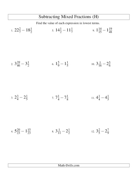 Subtracting Mixed Numbers (8) Worksheet