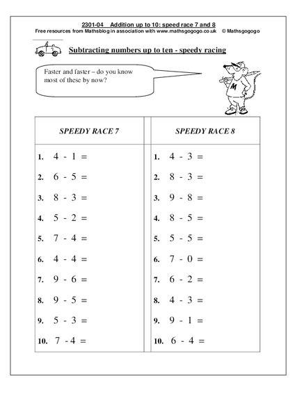 Subtracting Numbers up to 10 Worksheet
