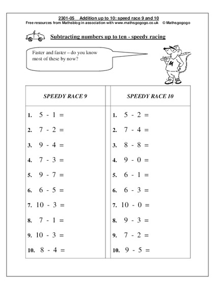 Subtracting Numbers up to 10 Worksheet