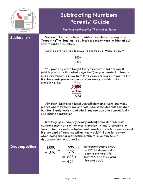 Subtracting Numbers Handout