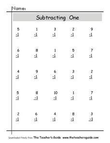 Subtracting One Worksheet