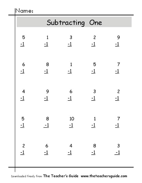Subtracting One Worksheet